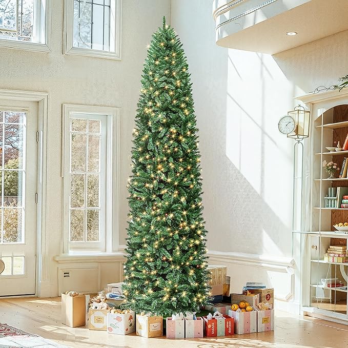 HOLLO STAR 9 ft Prelit Christmas Tree with 546 LED Lights, App Control, Artificial Pencil Christmas Tree with Multi-Color RGBW Lights, 1290 Branch Tips, Skinny Xmas Tree, Metal Base, for Home, Party