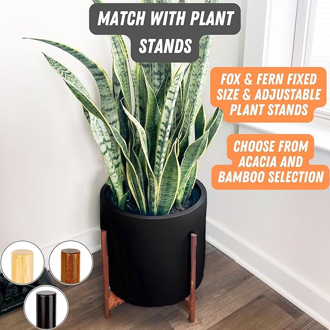 Fox & Fern 14.6 Inch Extra Large Planter — Premium Lightweight Fiberstone Matte Black Plant Pot with Drainage Plug; Big Planter for Indoor & Outdoor Use; Weather Resistant & UV Resistant