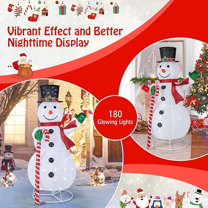 Tangkula 5 FT Pop-up Lighted Christmas Snowman, Large White Pre-lit Christmas Decoration with 180 LED Lights, Hat, Scarf, Indoor Outdoor Xmas Holiday Decor for Party, Yard, Garden, Porch, Lawn