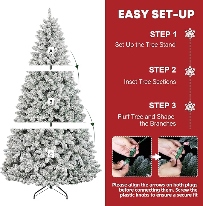 Hykolity 7.5 ft Prelit Snow Flocked Christmas Tree with Remote Control, 1446 PVC Branch Tips, Artificial Hinged Christmas Tree with 450 Multi-Color RGB Lights for Home, 15 Modes