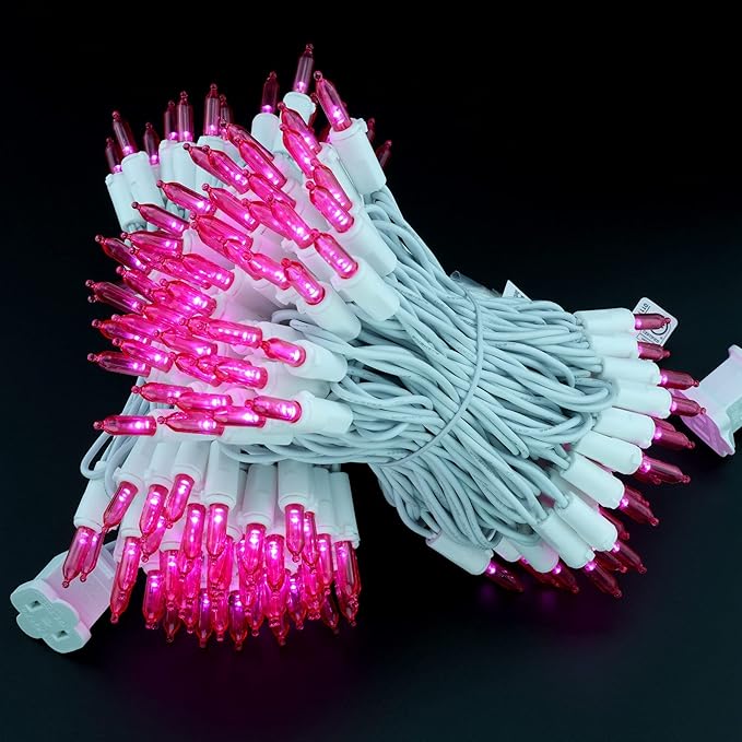 YULETIME 200 Pink LED Christmas Lights, 66 Feet White Wire UL Certified Commercial Grade Holiday String Light Set