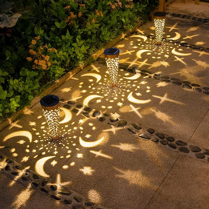 Go2garden Solar Lights Outdoor Decorative Stake Lights Waterproof with Moon Star for Patio, Pathway, Backyard, Outside Decorations, Lawn Ornaments,Garden Gifts (Copper, 6pack)