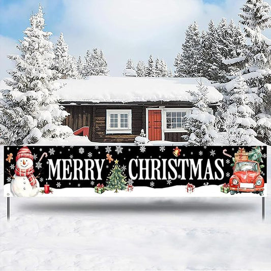 Happy Christmas Large Banner,Snowman Banner for Outside,Merry Christmas Truck Decorations for Yard Garden 120x20 Inches