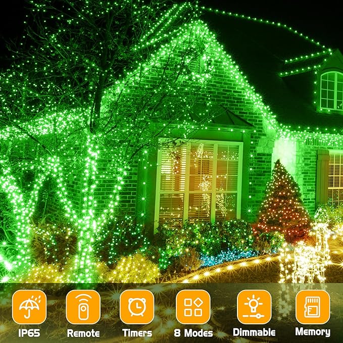 XURISEN Christmas Lights Outdoor 197FT 500 LED Green Wire String Lights 8 Modes with Timer Memory Waterproof Fairy Light Plug in for Xmas Tree Wedding Yard Party Holiday Decorations(Green)
