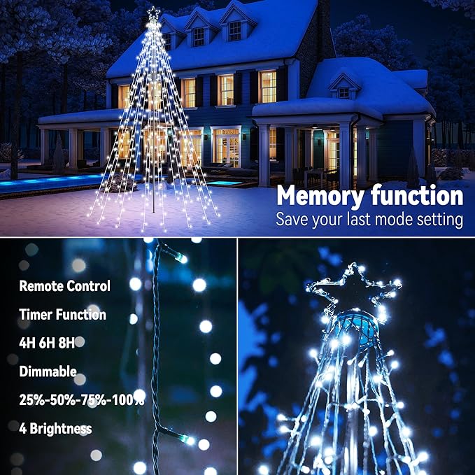 Lomotech Christmas Tree Lights - 10Ft 404 LED with 7.08" Topper, Remote Controll Waterproof Iron Pole Waterfall Lights for Outdoor Christmas Decorations (White)