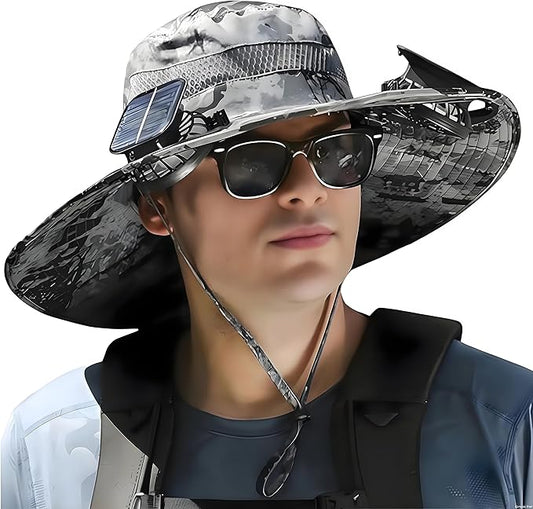 Wide Brim Solar Fan Hat for Men Women- UPF 50+ Sun Bucket Hat with 2 Built-in Solar Powered Fans for Fishing, Hiking & Beach