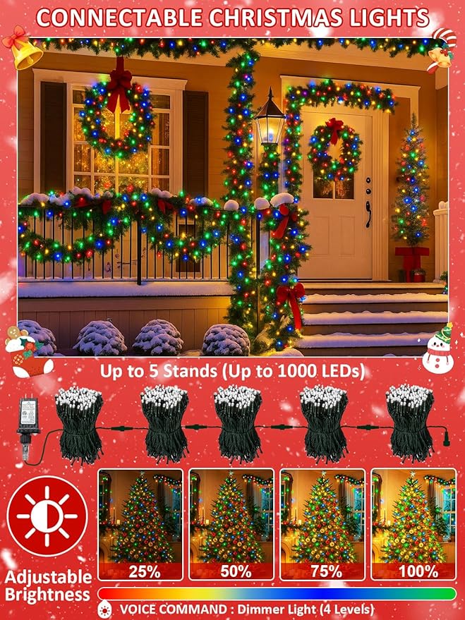 Voice Controlled Smart Christmas Lights Outdoor, 75.8ft 200 LED Extendable String Lights with 7 Voice Commands, 12 Modes & Timer, Waterproof Christmas Decorations for Party Tree Garden(Multicolor)