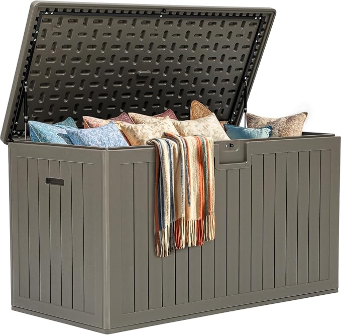 YITAHOME 200 Gallon Extra Large Deck Box, Double-Wall Resin Outdoor Storage Box with Flexible Divider for Patio Cushions Pool Supplies Garden Tools, 990 lbs Load Capacity, Lockable (Light Brown)