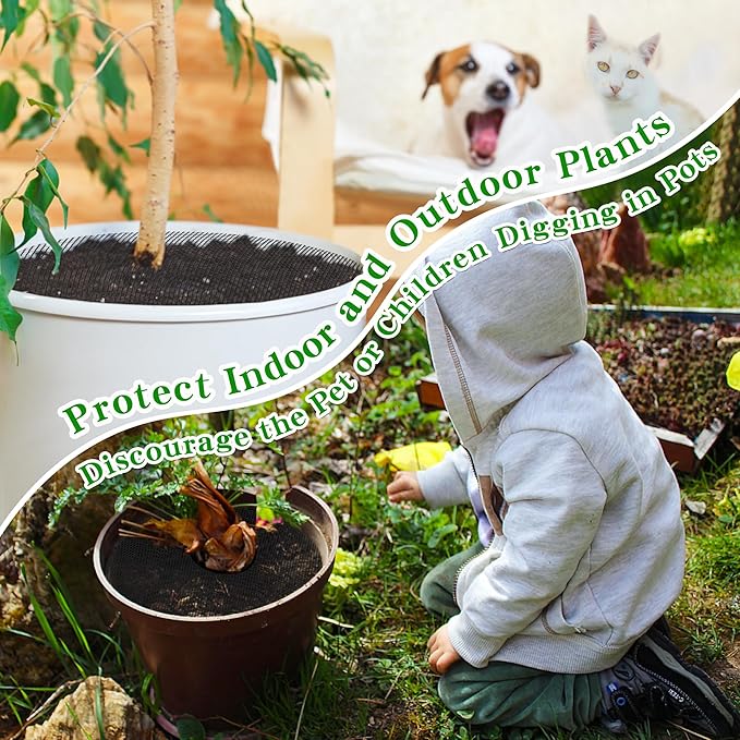 10 Pcs 11.8 Inch Plant Pot Cover Plant Pot Grid Plant Soil Covering for Indoor Plants Plant Protectors from Animals Cuttable Plant Soil Cover with 10 Metal Stakes