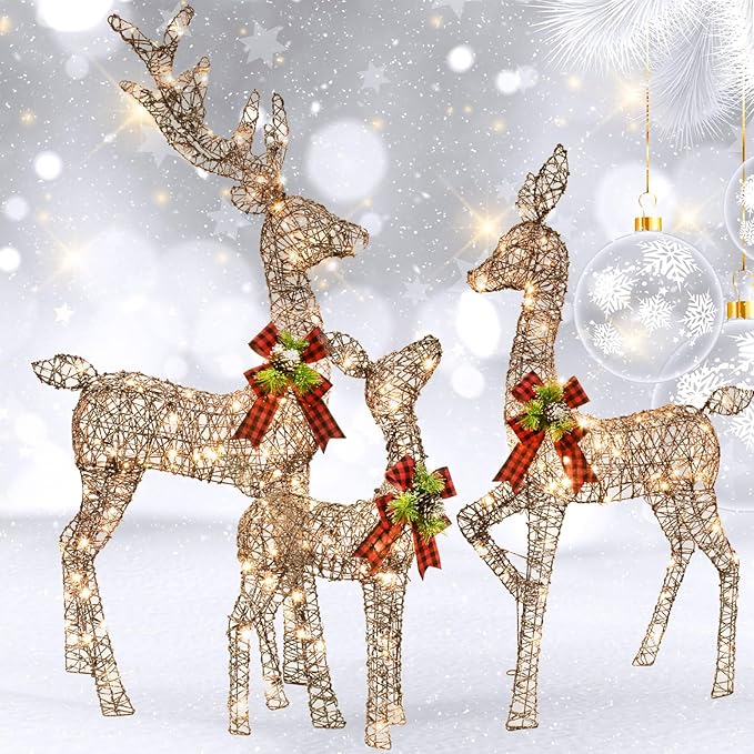 Christmas Decorations Outdoors Reindeer Family - Light up Christmas Decor Brown Deer 3 Piece with LED Lights, Extension Cord, Ground Stakes, for Outdoor Front Yard Porch - Brown