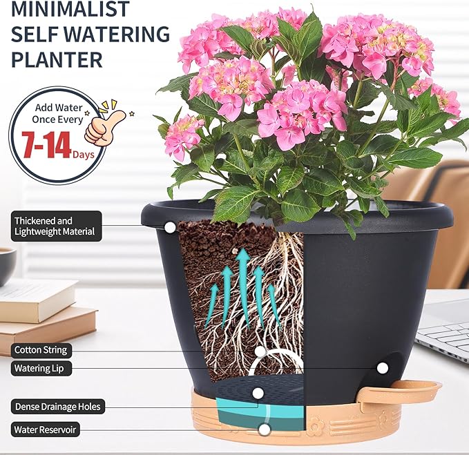 Plant Pots 10 Inch Set of 4, Self Watering Pots with Drainage Holes, Saucer & Reservoir, Flower Pots for Indoor/Outdoor Plants, Decorative Nursery Planting Pots (Black)