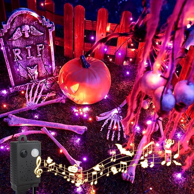 Chuya Halloween Light Decor Music Orange Purple Lights105FT 300 LED String Fairy Lights 6 Modes UL588 Waterproof Outdoor Indoor Decoration for Party Garden Christmas