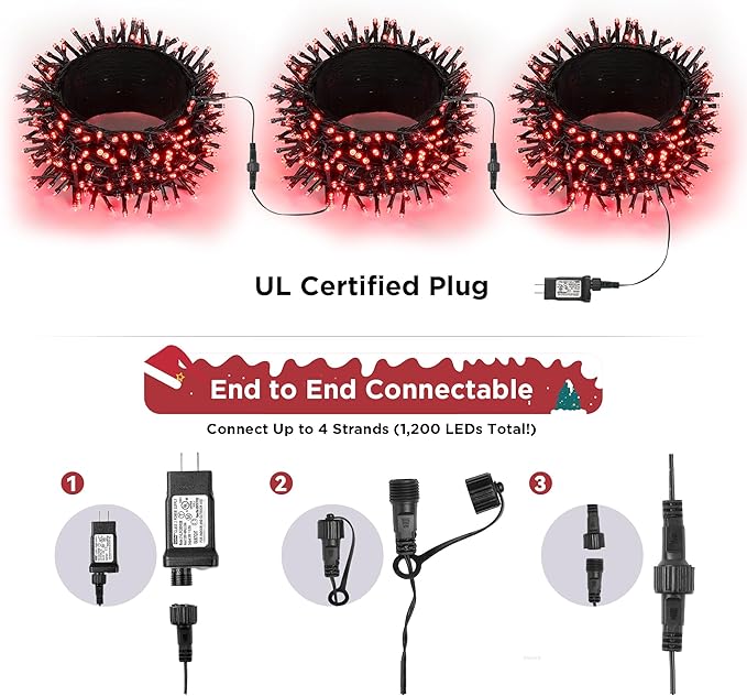 WBao Christmas Lights Indoor Outdoor 300LED 108ft, Super Bright LED Christmas String Lights with UL Certified, 8 Light Modes, Timer, Connectable & Waterproof for Trees, Patio, Xmas Party Decor, Red