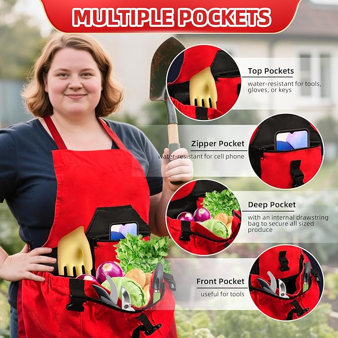 Gardening Apron with Pockets for Women/Man, Canvas Apron with Waterproof Harvest Pouch and Adjustable Straps