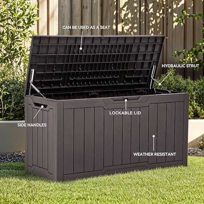 YITAHOME 100 Gallon Outdoor Storage Box, Large Water Resistant Resin Deck Box, Indoor Outdoor Lockable Storage Container for Patio, Garden, Cushions, Tools, Equipment (Dark Brown)