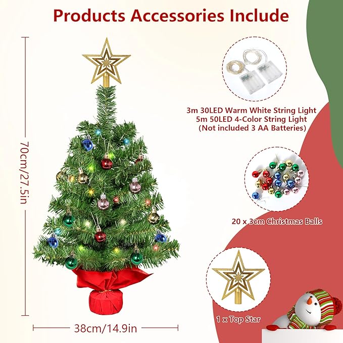 Uten Mini Christmas Tree 20 Christmas Balls and Small Christmas Tree Star, One Tree top Star 30 Warm White Lights 30 Colored Lights PVC with Cement Base Christmas Decorations for Home, Office, Party