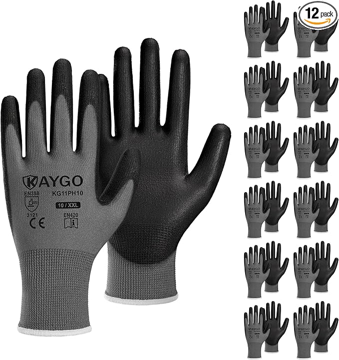 KAYGO Safety Work Gloves PU Coated-12 Pairs, KG11PB, Seamless Knit Glove with Polyurethane Coated Smooth Grip on Palm & Fingers, for Men and Women(X-Large (Pack of 12), Grey)