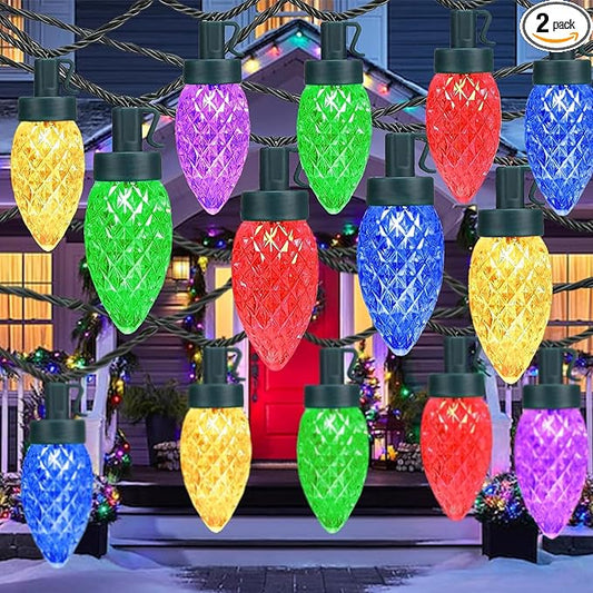 KAQ 2PK 100LED Multicolor C9 Christmas Lights Waterproof Indoor Outdoor, Extendable 98FT String Lights Plug in with 13 Lighting Modes, Christmas Decorations for Party Patio, Xmas Outside Yard Decor