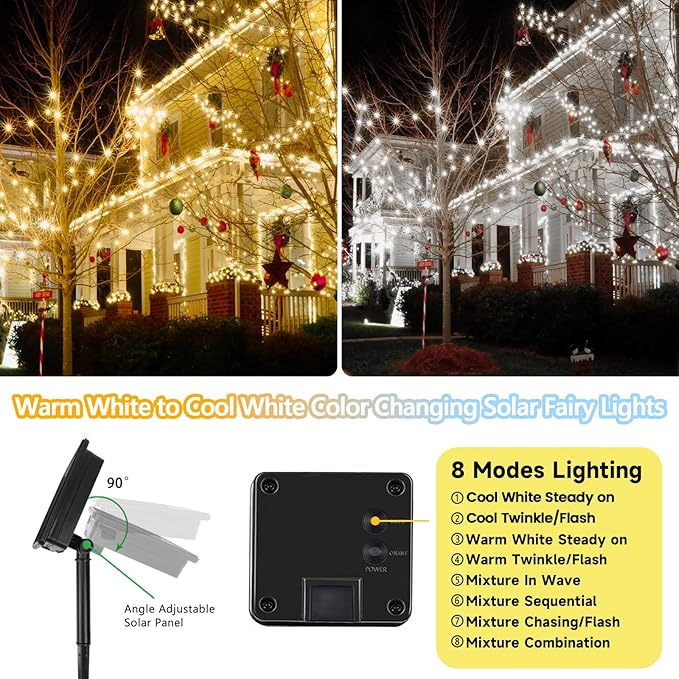 Warm White and Cool White Color Changing Solar String Lights for Outside, 2 Pack 400LED Solar Christmas Lights Outdoor, Waterproof Copper Wire with 8 Modes Twinkle Fairy Light for Tree Christmas Decor