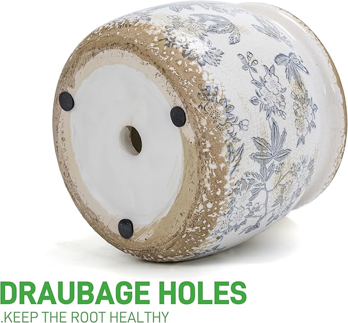 Vintage Ceramic Ice Crack Flower Pot with Drainage Holes, Country Rustic Planters for Indoor and Outdoor,Tuscan Decor,Home,Living Room, Garden Decor, Gardening Gift (Farmhouse)