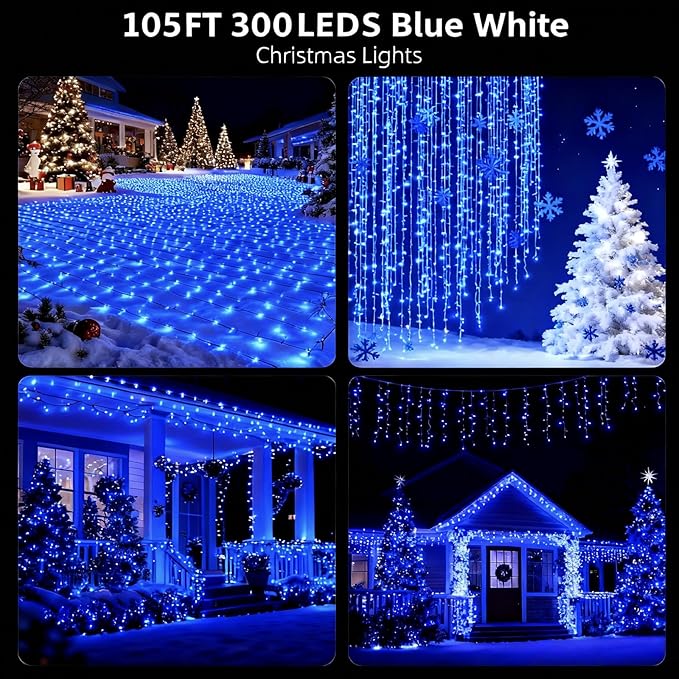 105FT 300 LEDs Blue White Christmas Lights Outdoor Indoor, Waterproof Christmas Tree Lights, 8 Lighting Modes with Memory and Timer