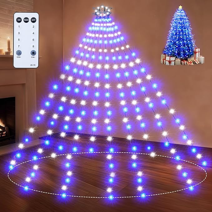 Christmas Tree Lights Christmas Lights Outdoor Indoor Blue 400Led 10 Lines with 8 Light Modes, Timer and Remote Control, Waterfall Tree Lights for Wedding Home Party 6Ft-9Ft Xmas Tree Decorations