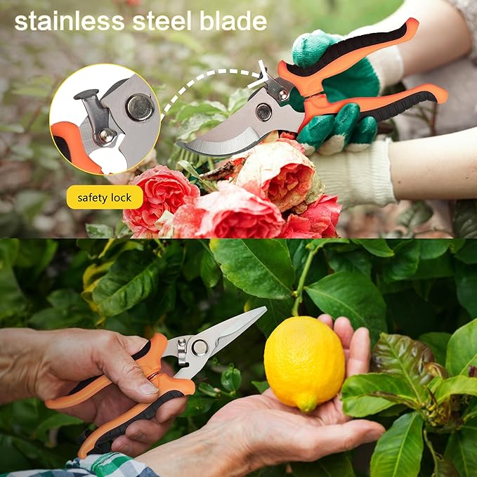 Pruning Shears Gardening Scissors Tools: 3pcs Outdoors&Indoor Garden Clippers, Rose Snips, Plant Clippers, Wood Pruner, Gardener Work Accessories for Flower Arrangement, Yard Landscaping (Orange)