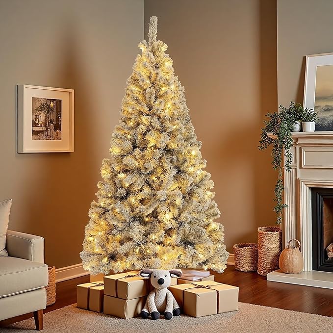 6FT Flocked Green Artificial Christmas Tree with 250 Warm White LED Lights – Pre-Lit Snow Tipped Full Tree for Indoor Holiday Home, Apartment, Living Room, Office, Winter Décor