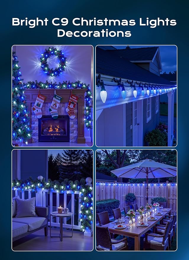 C9 Christmas Lights Outdoor, 100 FT 150 LED Connectable C9 String Lights with 8 Modes and Timer Xmas Tree Patio Roofline Garden Yard Holiday Party Indoor Outdoor Decoration, Blue and White