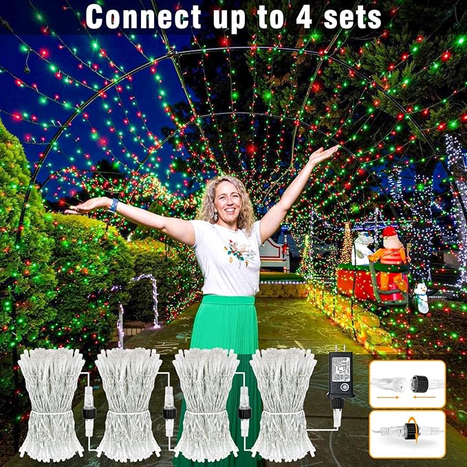 100FT 300 LED Christmas Lights Outdoor, Plug in Christmas String Lights Indoor, Waterproof & 8 Modes & Timer Function, Connectable Fairy Twinkle Light for Bedroom Patio Wedding Party Decor, Red Green