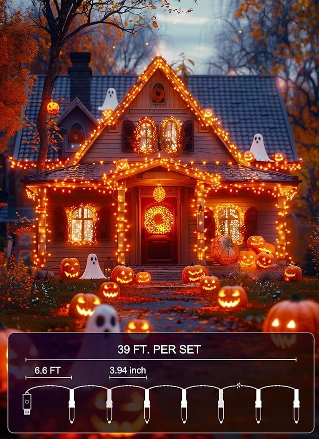 Halloween Decorations Orange Lights Indoor, 100 LED 39 FT Twinkle String Lights USB Powered with 8 Modes, Orange Light with Remote for House Window Holiday Party Xmas Halloween Decor