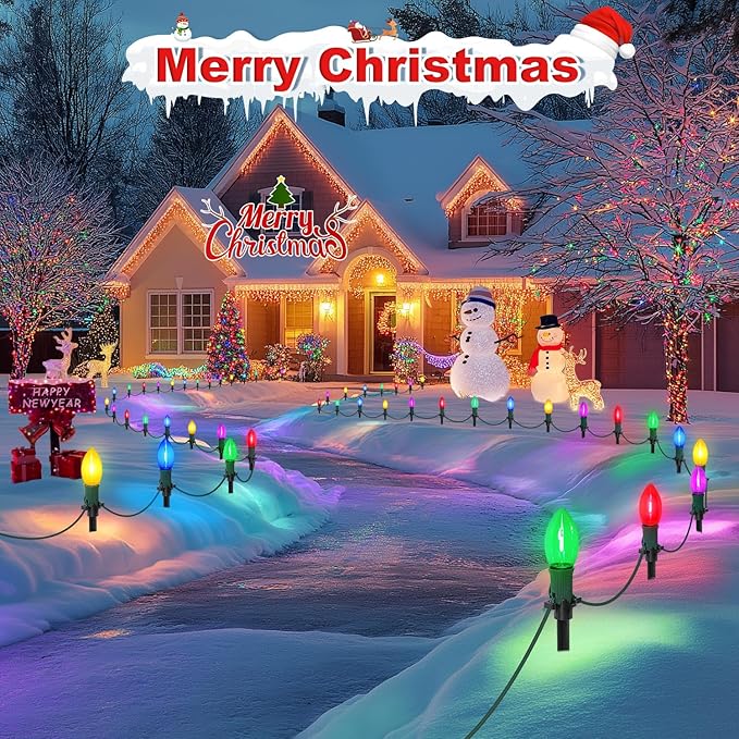 45Ft C9 Led Christmas Pathway Lights Outdoor, 30 Multicolor Bulbs Waterproof Connectable Christmas Walkway Lights for Driveway, Yard, Lawn, Sidewalk Decorations