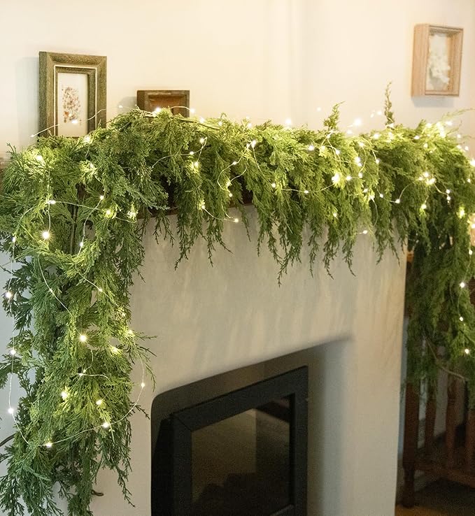 MISSPIN 6ft Christmas Garland with Lights, Real Touch Cedar Pine Garland, Green Artificial Greenery Garland for Table, Mantle, Wall, Indoor, Outdoor Christmas Decorations