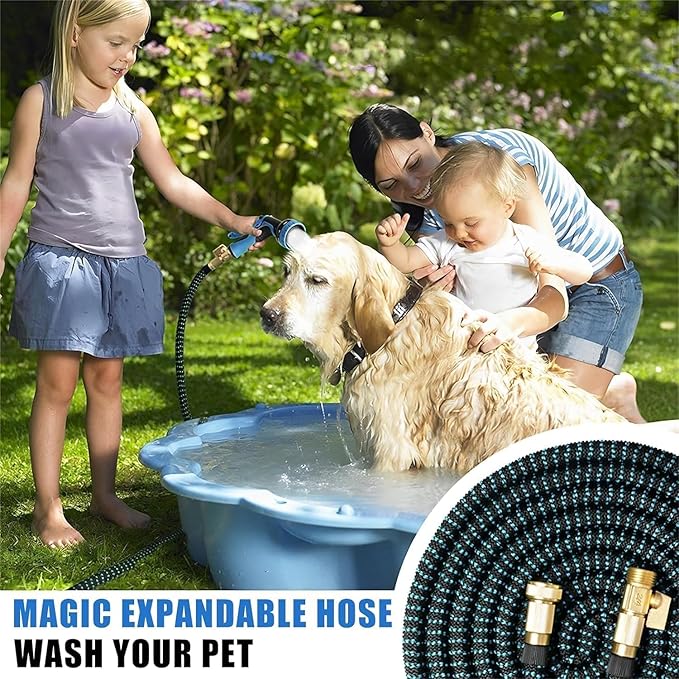 100 ft Expandable Garden Hose - Kink Free Flexible Water Hose with Thumb-Controlled 10-Function Nozzle, 3/4 Solid Brass Connectors, Retractable Latex Core - Lightweight Expanding Hose