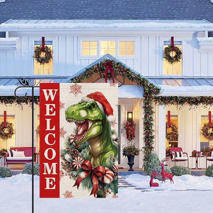 Christmas Garden Flag Welcome Xmas Dinasour Winter Holiday Decorations Burlap Vertical Double Sided Farmhouse Yard Lawn Outdoor Decor 12.5 x 18 Inch