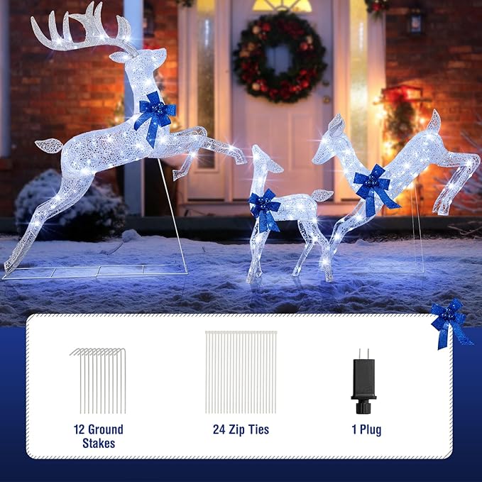 Tangkula 3 Pieces Lighted Christmas Reindeer, Holiday Reindeer Family Set with 255 Cold White Lights, Stakes, Indoor Outdoor Lighted Christmas Decoration for Lawn Yard Garden (White)