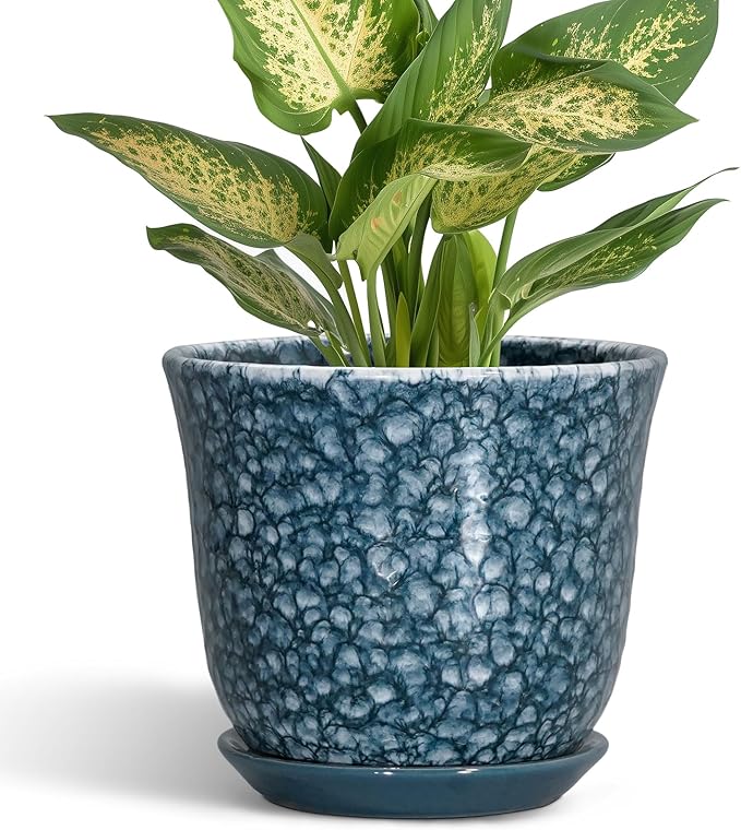 Ceramic Pots for Plants - 5.6 Inch Plant Pot for Indoor Outdoor, Round Succulent Orchid Pot with Drainage Hole and Saucer, Modern Small Flower Pot, Room Home Decor, Plant Lover Gifts, Blue