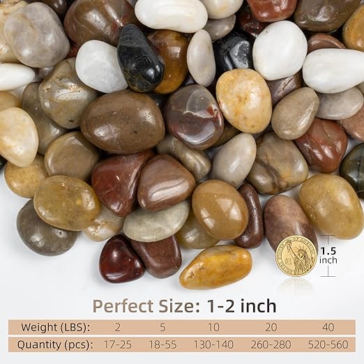 2lbs Pebbles for Indoor Plants, 1-2Inch Mixed Color Natural River Rocks for Aquarium, High Polished Decorative Stones for Vase Filler Fish Tank Landscaping Garden