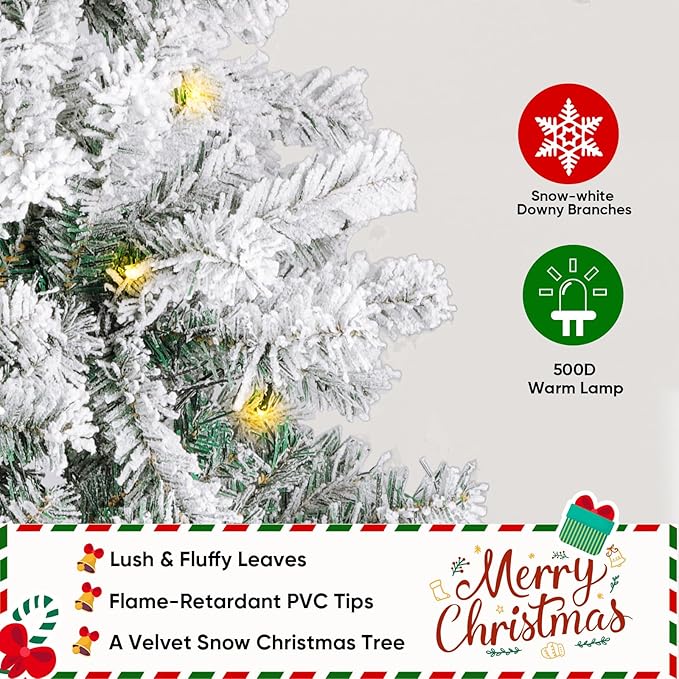 Northroad 6ft Pre-lit Flocked Christmas Tree with Incandescent Warm White Lights, Artificial Xmas Tree W/850 Branch Tips, 250 Lights & Foldable Stand