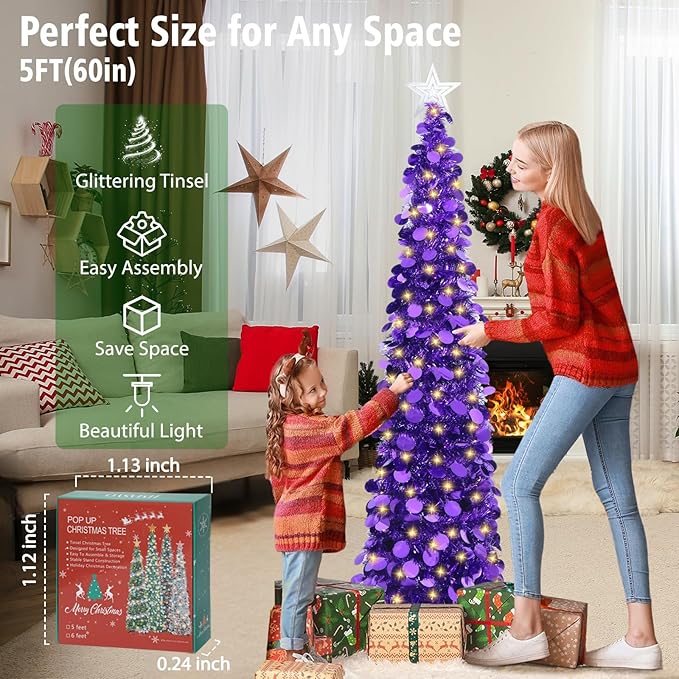HMASYO 5 FT Pop Up Christmas Tree with Timer Lights, Purple Christmas Tinsel Tree, Collapsible Artificial Pencil Christmas Tree for Indoor Home Apartment Porch Holiday Party Decorations