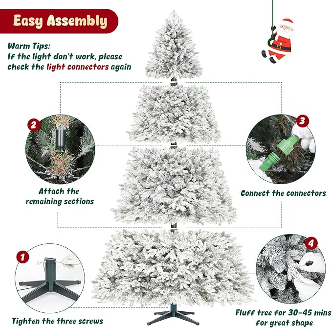 Thalassophile 9ft Pre-Lit Flocked Christmas Tree with Rotating Stand, Prelit Rotating Artificial Hinged Xmas Tree with Remote, 600 Lights Warm White & Multi Color, 2512 Branch Tips, Snow Flocked