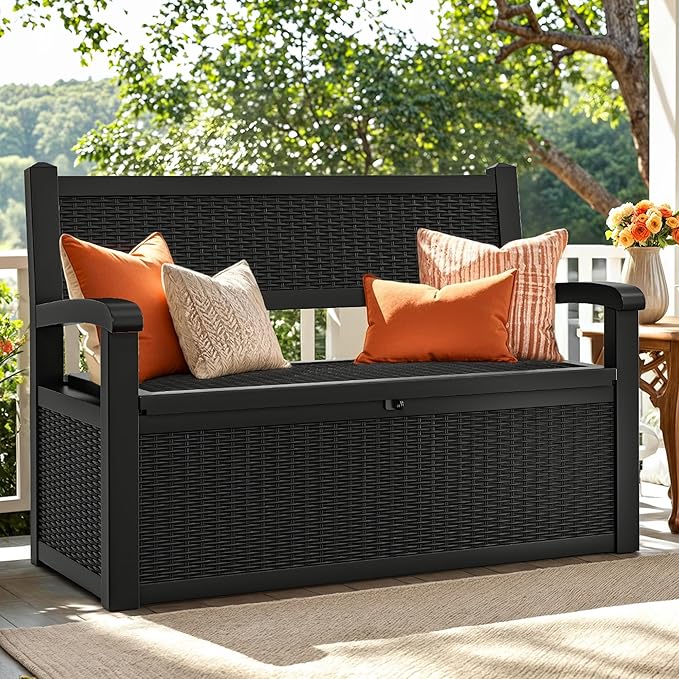 YITAHOME 70 Gallon Storage Bench Deck Box, Lockable Patio Bench, Waterproof Outdoor Pool Deck Storage for Patio Cushions, Garden Tools and Pool Supplies, Black