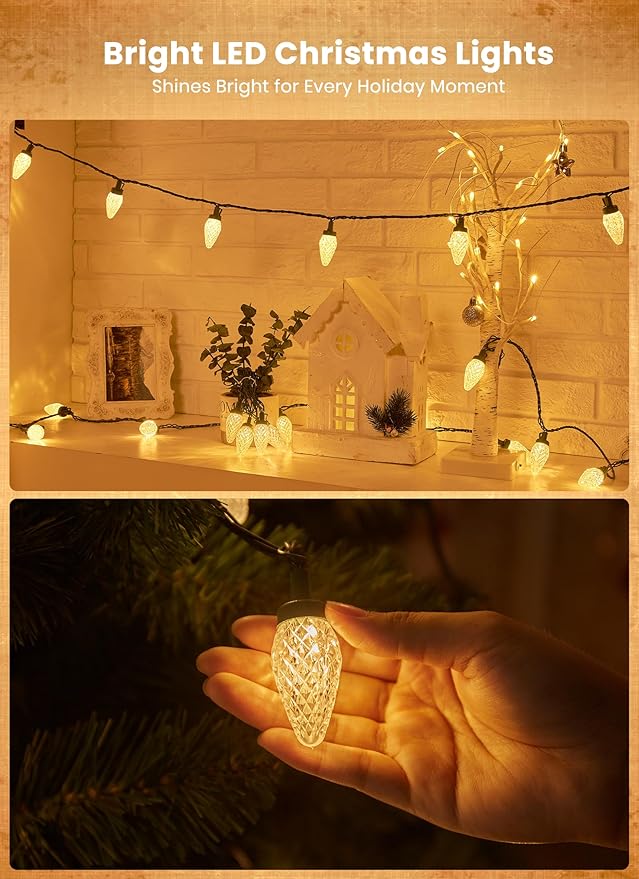 C9 LED Christmas Lights Outdoor, 81 Feet 100 LED String Lights With Timer & 8 Lighting Mode, Waterproof Commercial Grade Extendable for Indoor Outside Roofline Patio Home Xmas Decoration, Warm White