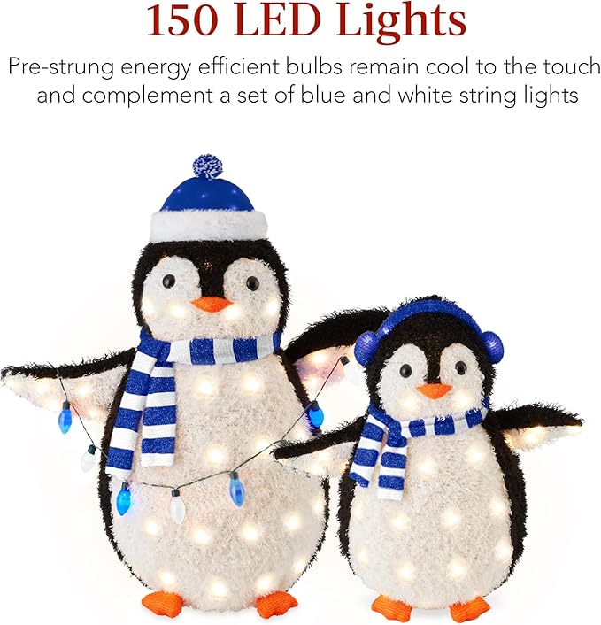 Best Choice Products 2-Piece Lighted Penguin Family, 3ft Pop-Up Outdoor Christmas Holiday Decoration w/ 150 LED Lights, Multicolored Lights - Blue