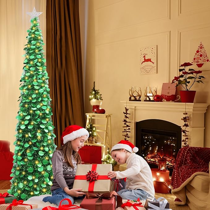 HMASYO 6 FT Pop Up Christmas Tree with 100 LED Lights & Remote, Green Christmas Tinsel Tree, Collapsible Artificial Pencil Tree for Home Office Party Decor, USB Powered Timer Lights, Easy Assembly