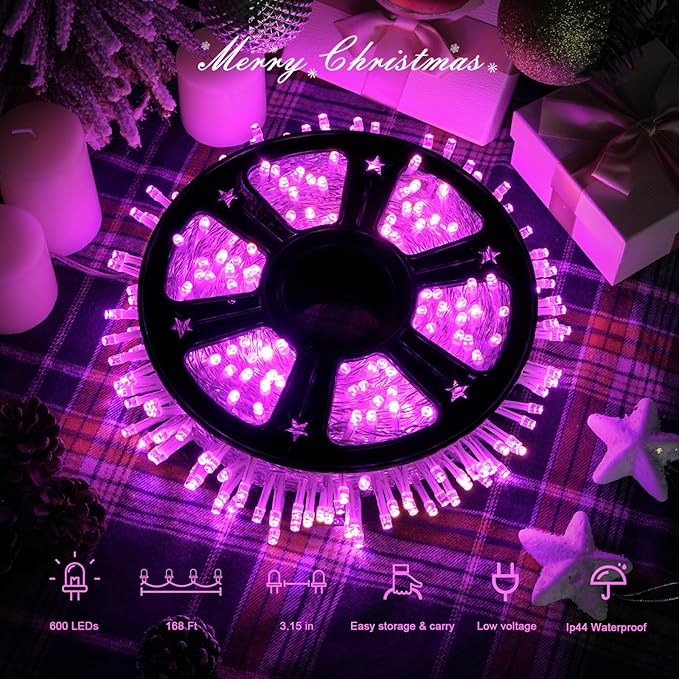 JMEXSUSS 600 LED Pink Christmas Lights for Decorations, 168ft Pink String Fairy Lights Indoor Outdoor Clear Wire for Girl's Room Bedroom Brithday Party Yard Decor