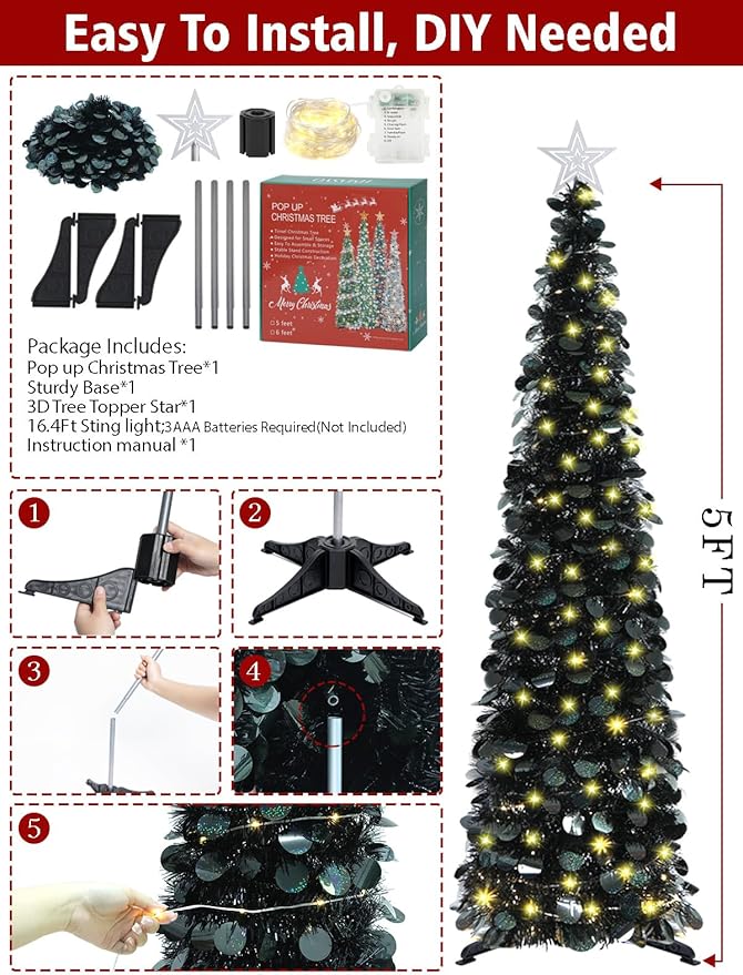 HMASYO 5 FT Pop Up Christmas Tree with Timer Lights, Black Christmas Tinsel Tree, Collapsible Artificial Pencil Christmas Tree for Indoor Home Apartment Porch Holiday Party Decorations