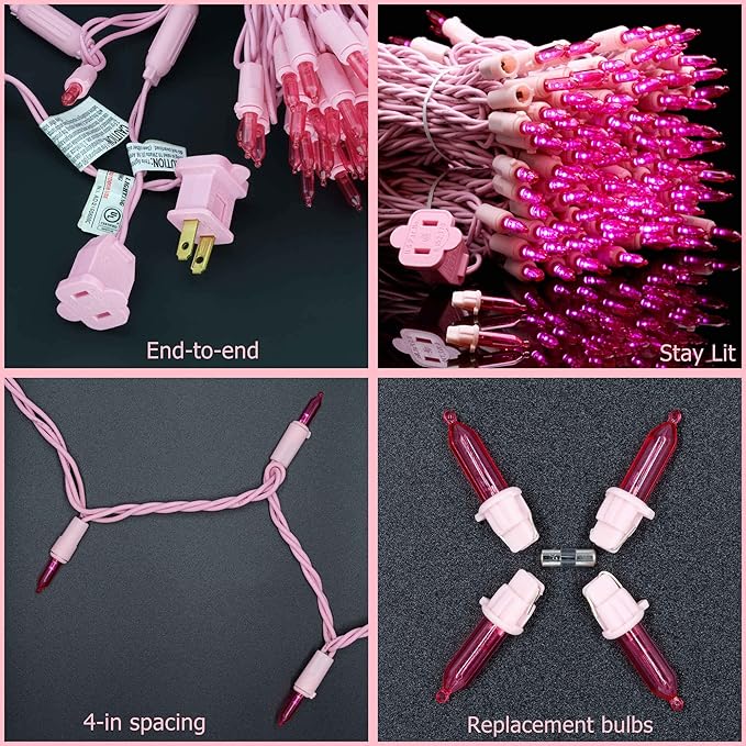 YULETIME 200 Pink LED Christmas Lights, 66 Feet Pink Wire UL Certified Commercial Grade Holiday String Light Set