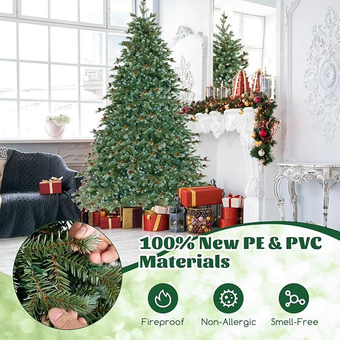 GOFLAME 7FT Pre-Lit Christmas Tree, Artificial Xmas Tree with 846 Branch Tips, 69 Pine Cones, 340 Warm White LED Lights, 8 Lighting Modes, Holiday Decoration Tree for Home, Shop & Office