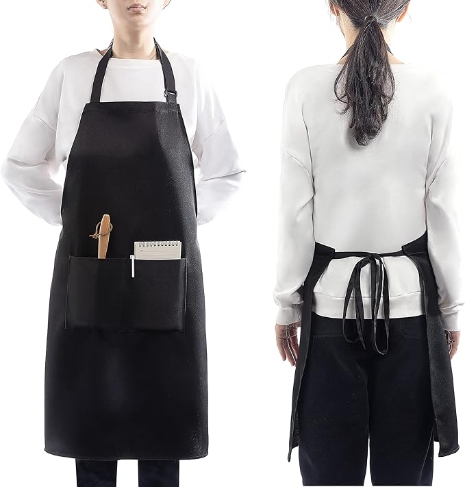 4 Pack Adjustable Apron, Black Apron with 2 Pockets, Machine Washable Apron Perfact for Cooking, Grilling, Dishwashing, Restaurant Work, Best Assistant for Chef Waiter Artist